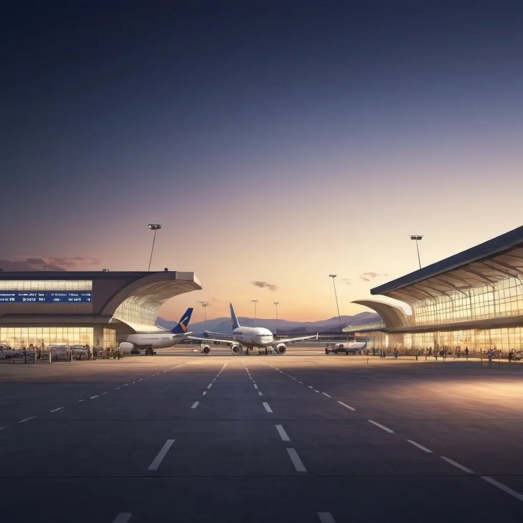Prompt: create a view of a airport landscpae, at evening timings, that can be used in ppt 
