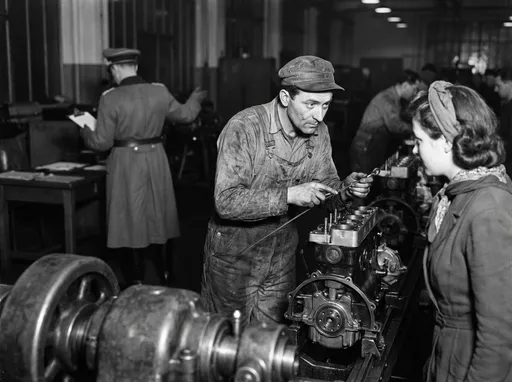 Prompt: Image Prompt

Occupied France factory, 1942. Assembly line workers exchange brief glances. A mechanic subtly alters a metal dipstick. Nazi officer in the background, unaware. Engines idle, waiting. The instant before quiet sabotage spreads. No text.