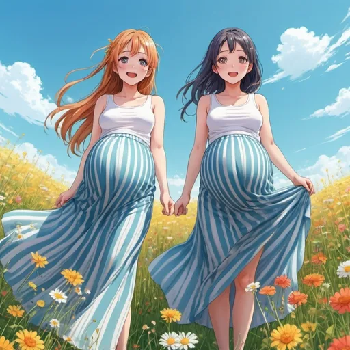 Prompt: Many pregnant anime girls wearing maxi long vertical striped skirts.