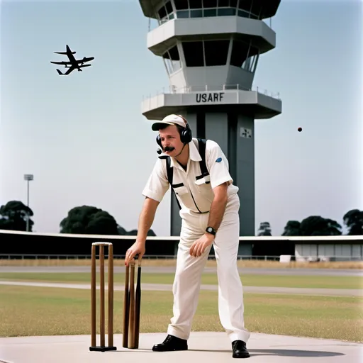 Prompt: Picture an air traffic controller in full uniform—headset on, monitoring radar screens—taking a break to play cricket. Maybe he's standing on a makeshift pitch outside the control tower, with colleagues acting as fielders. The controller is holding a cricket bat, focused and ready to hit a high ball, while a few planes fly overhead in the distance. It’s a blend of high-tech control and laid-back sport, creating a surreal but fun scenario!