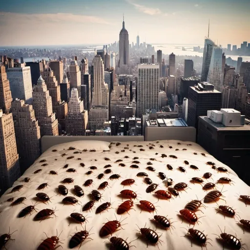 Prompt: The cityscape photo image of New York with lots of huge bed bugs climbing all over it