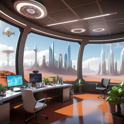 Prompt: An office in terraformed Mars with solar punk design. With a view of sky scrappers and drones that are transporting goods. I also want hyperloop presence. In the office I want scientists who also use neuralink