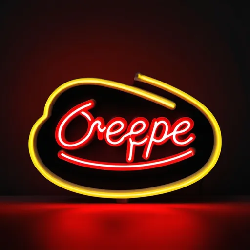 Prompt: LED light font of 'Crepe'N Fondant' in vibrant yellow and red, glossy finish, high quality, neon signage, professional, warm lighting, inviting, modern design, vibrant colors, glossy texture