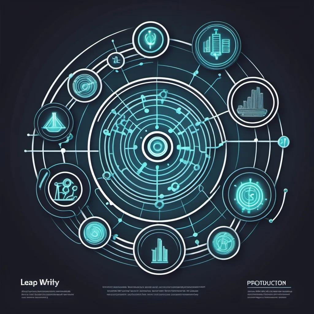 Prompt: A sleek, modern background for a research week poster that incorporates the themes of 'Leap in Production', 'University-Industry Collaboration', 'Public Participation', 'Research', and 'Technology'. The design should feature interconnected, glowing lines and nodes symbolizing data and knowledge exchange between academia and industry. Abstract representations of factories, universities, and community icons can be subtly integrated into the background. Add visual elements like gears, DNA strands, and digital code to represent technology and research. Use a color palette of cool blues, silver, and white, with dynamic curves and light trails that suggest innovation, progress, and collaboration. The image should evoke a sense of forward-thinking, progress, and unity between science, industry, and society