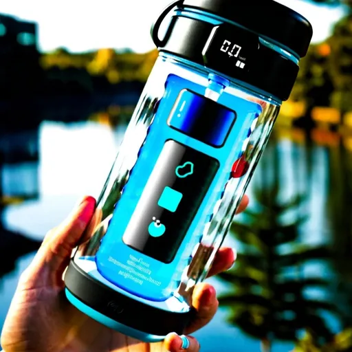 Prompt: Smart water bottle, glass, with a smart screen, 
