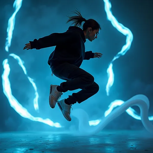 Prompt: A high-fashion surreal sneaker advertisement in the style . A stylish GIRL model mid-jump in a dynamic, gravity-defying pose. They're wearing oversized streetwear: a BLACK  baggy sweatshirt, cargo pants (either WHITE or black), and branded sneakers (Nike or New Balance) in clean white. The background is a glowing ALSO MODEL GLOWING , abstract environment (BLUE AND BLACK ) with floating, glossy, liquid ribbon-like shapes wrapping around the figure. Emphasis on soft cinematic lighting, hyper-realistic textures, motion blur, shallow depth of field, and smooth shadows. Modern typography for branding. High-resolution editorial photography mixed with digital surrealism.