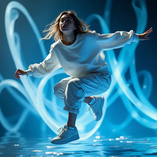 Prompt: A high-fashion surreal sneaker advertisement in the style . A stylish GIRL model mid-jump in a dynamic, gravity-defying pose. They're wearing oversized streetwear: a white baggy sweatshirt, cargo pants (either WHITE or black), and branded sneakers (Nike or New Balance) in clean white. The background is a glowing, abstract environment (BLUE AND BLACK ) with floating, glossy, liquid ribbon-like shapes wrapping around the figure. Emphasis on soft cinematic lighting, hyper-realistic textures, motion blur, shallow depth of field, and smooth shadows. Modern typography for branding. High-resolution editorial photography mixed with digital surrealism.