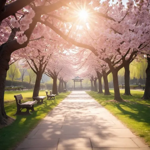 Prompt: “A serene spring morning in a blooming cherry blossom park, with soft sunlight filtering through the petals.”