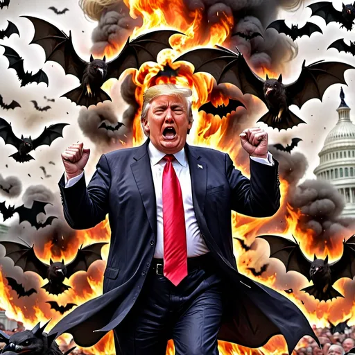 Prompt: Crying Trump attacked and eaten by a horde of ravaging politicians. Washington DC is burning. Buzzards and bats swirl Trump. Very dramatic light. Realistic cartoon. 