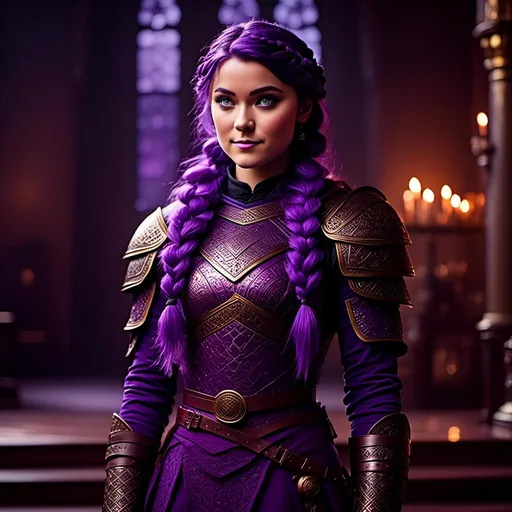 Prompt: A photo of <mymodel> with a heavy purple fur tunic in the The Great Hall from How to Train Your Dragon, ((she has a single hair braid down her shoulder))