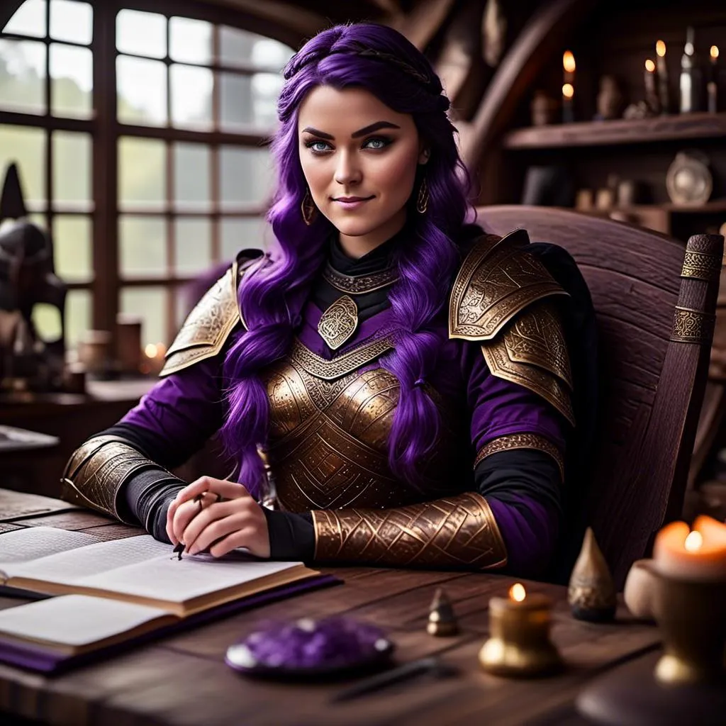 Prompt: Photo of <mymodel> with no armor casually relaxing sitting at a desk in her viking house