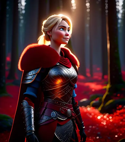 Prompt: <mymodel>CGI Animation, digital art, 20-year-old-old viking woman with light blue eyes standing in a dimly lit forest, blue assassin's creed clothes, red colored armor, blonde straight hair, subtle smile, unreal engine 8k octane, 3d lighting, cinematic lighting, camera shot of full armor from head to toe