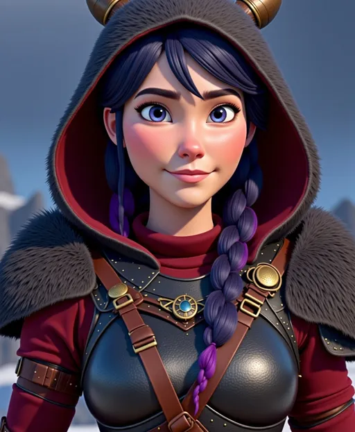 Prompt: <mymodel>CGI Animation, digital art, 20-year-old-old viking woman with violet eyes, Dark red Long sleeve shirt, skirt with dragon teeth on it, wears the snow wraith hood, ((dark dark blue hair with teal, pink and purple streaks)), fighting against another viking warrior in a sword battle with Annabeth who has purple hair with black and gold armor in the training ring, subtle smile, unreal engine 8k octane, 3d lighting, close up camera shot on the face, full armor
