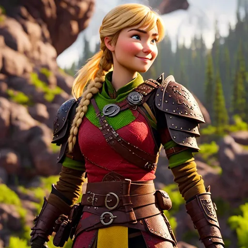 Prompt: <mymodel>CGi Animation, 20-year-old viking woman with one hair braid, subtle smile, blonde hair, light blue eyes, green gear, green armor, yellow clothes, red textures and highlights, unreal engine 8k octane, 3d lighting, full body, full armor