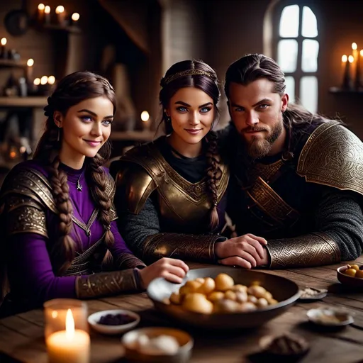 Prompt: Photo of a young <mymodel> sitting at the supper table with her husband a young Jarl Mollerson, he has short brown hair and no beard, they are in their viking house