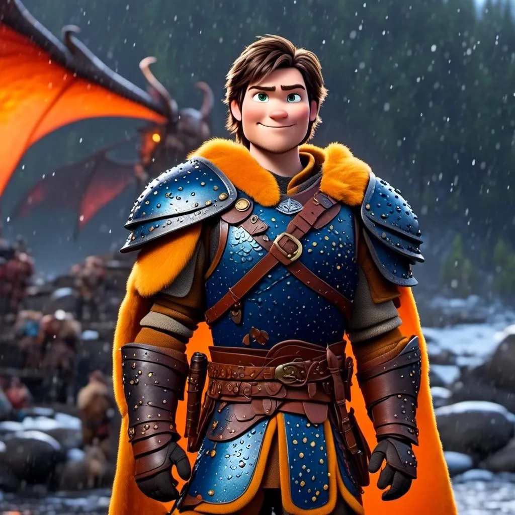 Prompt: <mymodel>CGi Animation, 20-year-old viking man with blue eyes, a rainy scene, the viking man has a subtle smile, black hair, he has orange gear, yellow armor with bursts of red splotches, black pants, black boots, he is standing next to a bright orange dragon with gold highlights, they are both in the rain