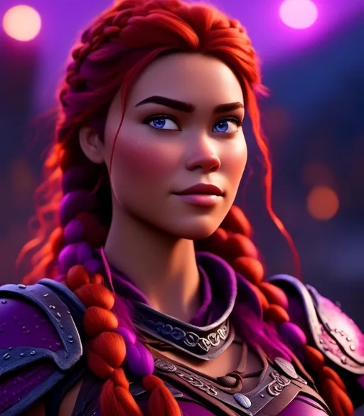 Prompt: <mymodel>CGI Animation, digital art, 20-year-old-old viking woman with light blue eyes, she looks very angry, standing in a battle arena at night, purple hair with purple strands, single braid down her shoulder with a tiara, unreal engine 8k octane, 3d lighting, close up camera shot on the face, full armor