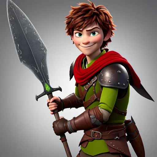 Prompt: <mymodel>CGI Animation, sinister viking boy, 18-year-old, chaotic evil, red short messy hair, no facial hair, neon green bandana scarf, dark brown, dark brown long-sleeve shirt, pants, leather armor, two daggers, dozen throwing knives