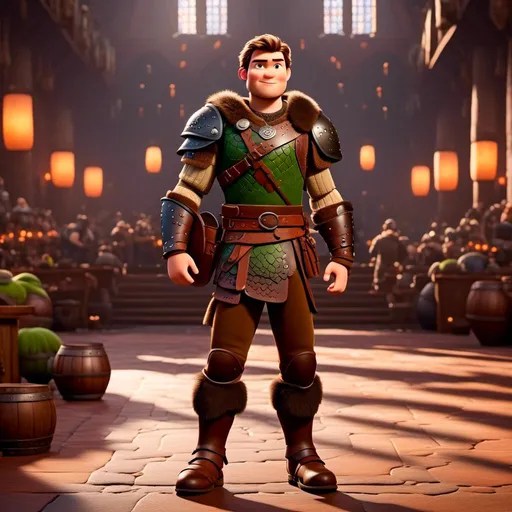 Prompt: <mymodel> viking man, lawyer, thin, small stature, standing in The Great Hall, medium length brown hair, angry smile, brown eyes, no armor, European-like brown gear, brown leather vest, long sleeve green shirt underneath the brown leather vest, black highlights on his clothes, brown pants, brown boots, historical, strong and natural lighting