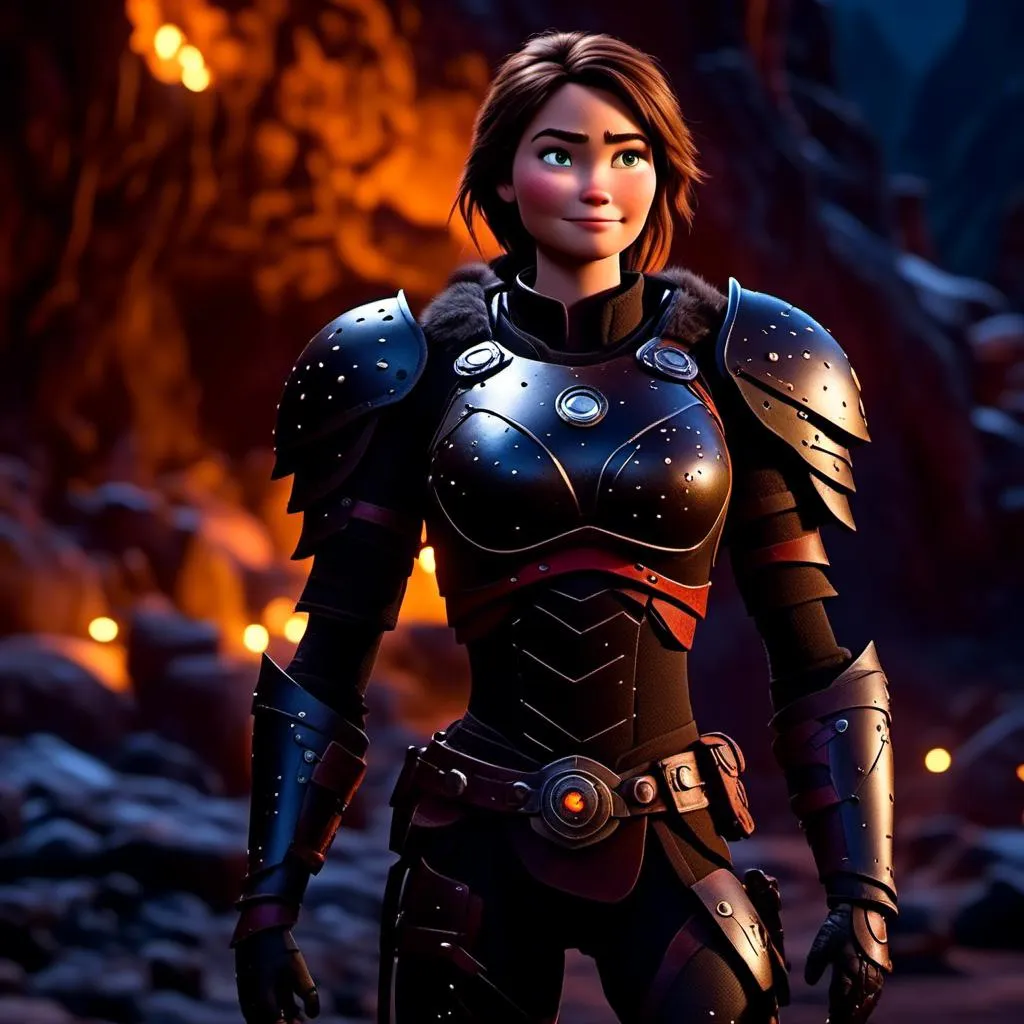 Prompt: <mymodel>25-year-old viking woman, subtle smile, light blue eyes, black gear, bright black armor, wearing an iron-man like suit of armor, black textures and highlights, standing in the shadows of the a dark cave at night, short focus, blurry background, moonlit scene, unreal engine 8k octane, 3d lighting, full body, full armor