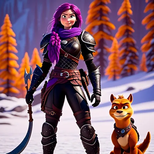 Prompt: Photo of<mymodel>standing next to her ((black)) razorwhip dragon from How to Train Your Dragon in the snow, viking warrior, purple hair, single braid down her shoulder, black gear, gold armor, black pants, gold boots, 8K octane, unreal engine, short focus, blurry background