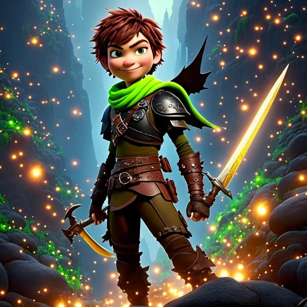 Prompt: <mymodel>CGI Animation, sinister viking boy, 18-year-old, chaotic evil, red short messy hair, no facial hair, neon green bandana scarf, dark brown, dark brown long-sleeve shirt, pants, leather armor, two daggers, dozen throwing knives