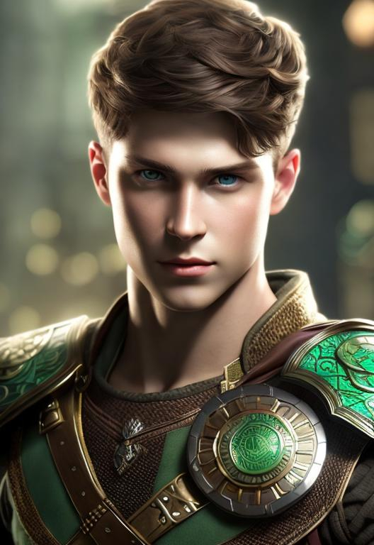 Prompt: he has short brown hair, create most handsome fit fictional male prince viking warrior, short brown hair, light green eyes, extremely detailed environment, detailed background, intricate, detailed skin, professionally color graded, photorealism, 16k, moody lighting