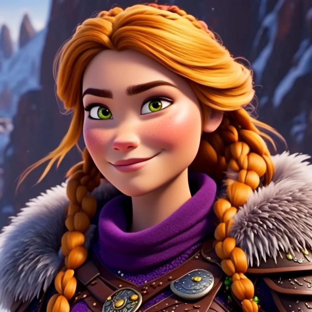 Prompt: <mymodel>CGi Animation, 25-year-old viking woman warrior with yellow eyes, a snowy scene, the viking woman has a subtle smile, hazel color hair, she has green gear, purple armor with bursts of gold textured splotches, black pants, black boots