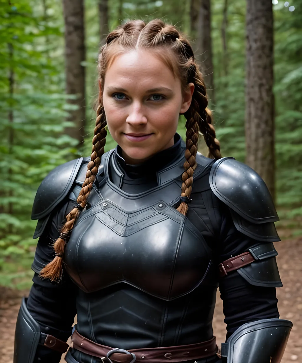 Prompt: Digital art, ((black)) rogue gear, ((black)) adventurer armor, Medium build, slightly broad-shouldered, (((DreamShaper Version 1))), Berk of How to Train Your Dragon, 35-year old viking woman, small smile, red hair, cornrow braids, blue eyes, ((black gear, black armor,)) unreal engine, 8k octane, 3d lighting, full body, full armor