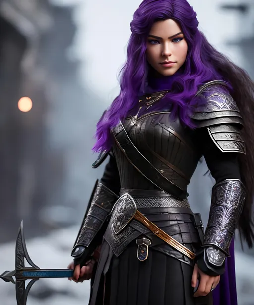 Prompt: she has dark purple hair, create most beautiful fictional female viking warrior, dark purple hair, light blue eyes, battle gear, full armor, extremely detailed environment, detailed background, intricate, detailed skin, professionally color graded, photorealism, 8k, moody lighting