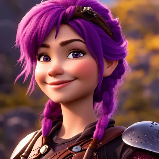 Prompt: <mymodel>CGi Animation, 20-year-old viking woman with one hair braid, caucasian, subtle smile, purple hair, light blue eyes, {{purple gear, purple armor}}, silver textures and highlights, unreal engine 8k octane, 3d lighting, full body, full armor