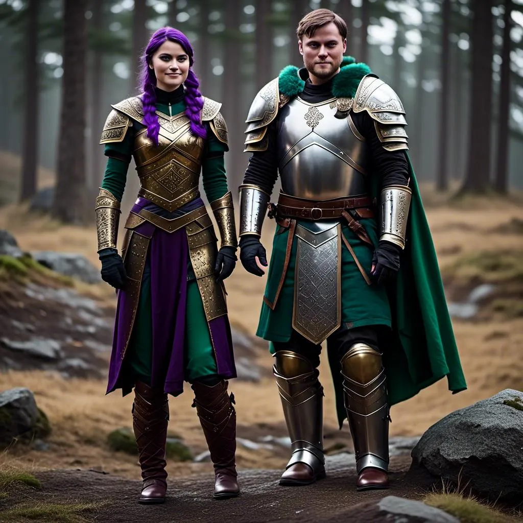 Prompt: Photo of <mymodel> standing next to her young husband Jarl Mollerson who has green gear and silver armor and short brown hair, she is slightly shorter than him