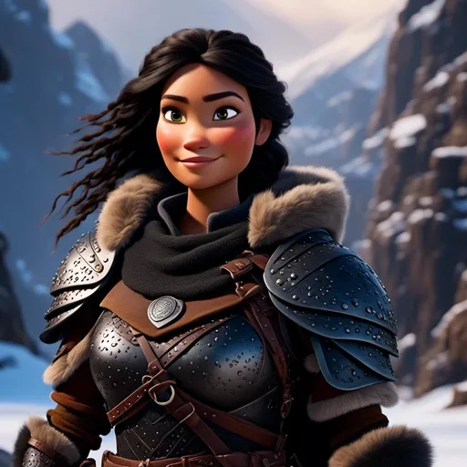 Prompt: <mymodel>CGi Animation, 25-year-old viking woman warrior with brown eyes, a snowy scene, the viking woman has a subtle smile, black hair, she has black gear, black armor, black textures, black pants, black boots