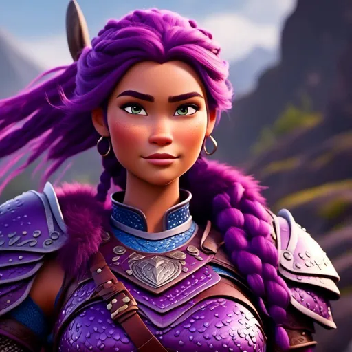 Prompt: <mymodel>a female viking warrior with purple hair, light blue eyes, single braid down shoulder, adorned in regal purple armor, fierce and determined expression, cool tones, dramatic lighting, intricate detailing