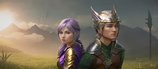 Prompt: create a female and male viking warriors, the female has purple hair and is holding and axe, her gear is black and silver.

The male has short brown hair with a gold helmet and holds a sword, his gear is shades of green with brown leather

They are in a grassy field