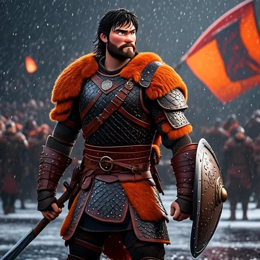 Prompt: <mymodel>Animated CGI style of a fierce Viking male about 25 years old, black hair, detailed facial features, leather armor {{((red))}} and orange armor, battle axe and shield, standing in the rain, intense and determined expression, dynamic and powerful pose, high definition, CGI, detailed armor, fierce male, Nordic designs, battle-ready, dynamic pose, professional lighting