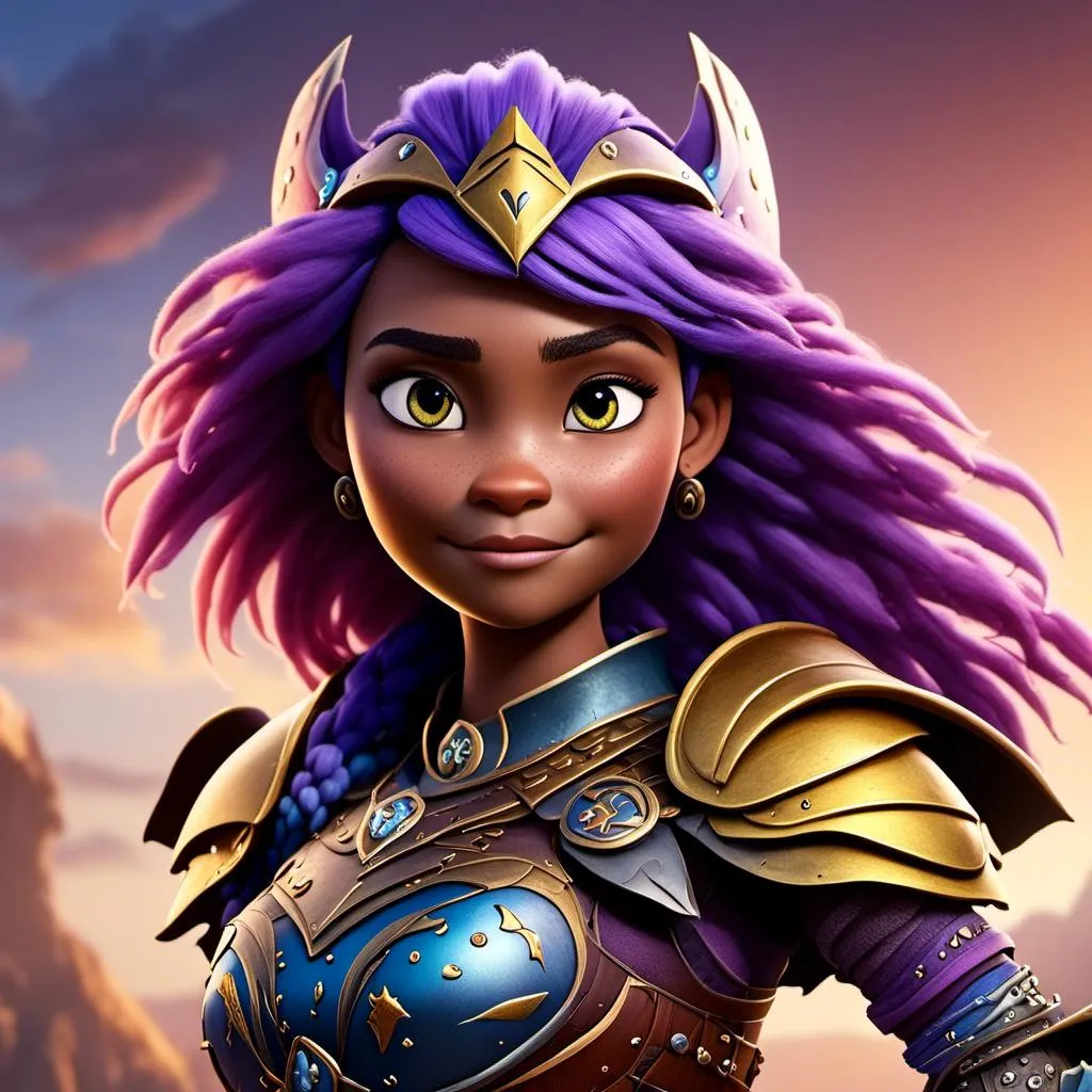 Prompt: <mymodel>CGI Animation of a viking female, purple hair, blue and yellow gear and armor, intricate details, high quality, digital painting, cool tones, dramatic lighting