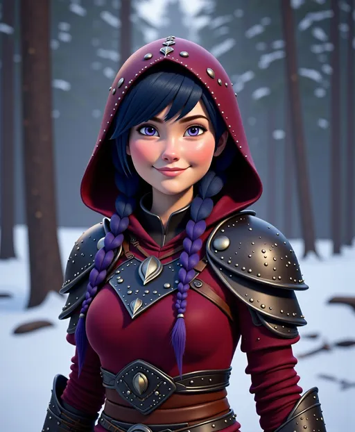 Prompt: <mymodel>CGI Animation, digital art, 20-year-old-old viking woman with violet eyes, Dark red Long sleeve shirt, skirt with dragon teeth on it, wears the snow wraith hood, ((dark dark blue hair with teal, pink and purple streaks)), standing snowy forest, subtle smile, unreal engine 8k octane, 3d lighting, close up camera shot on the face, full armor