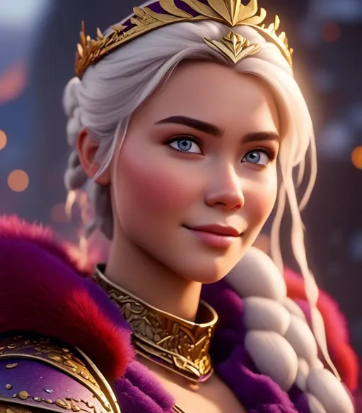 Prompt: <mymodel>CGI Animation, digital art, 20-year-old-old viking woman with light blue eyes, purple clothes, gold colored armor, white hair, single braid down her shoulder with a tiara, subtle smile, unreal engine 8k octane, 3d lighting, close up camera shot on the face, full armor