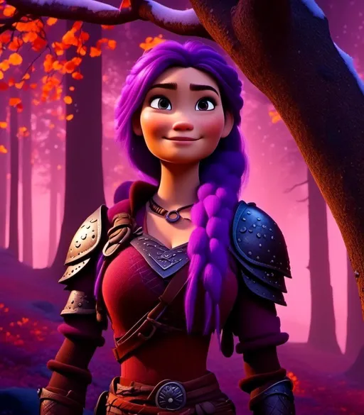 Prompt: <mymodel>CGI Animation, digital art, 20-year-old-old viking woman of royalty standing at night next to a tree with her hands resting on the bark, she is in a dimly lit thick forest with trees everywhere, dense fog, light blue eyes, {{black gear, purple armor}}, purple hair, single braid down her shoulder with a tiara, subtle smile, unreal engine 8k octane, 3d lighting, close up camera shot on the face, full armor