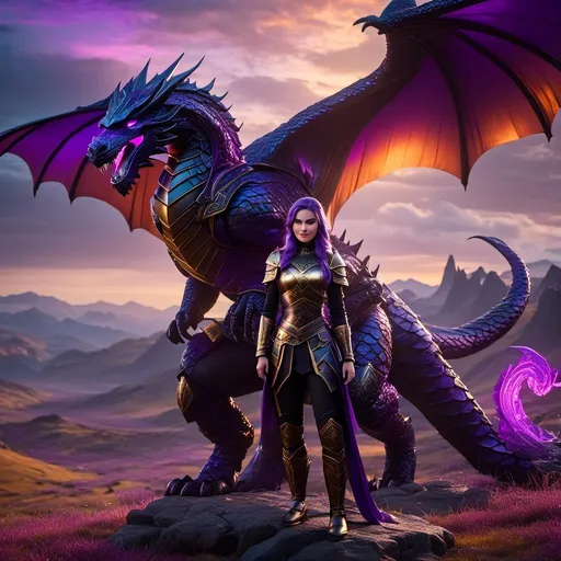 Prompt: Photo of <mymodel> standing next to her black Razorwhip dragon, high-res, detailed, realistic, fantasy, vibrant colors, epic fantasy, dragon scales, detailed character, dynamic pose, mythological creature, majestic, colorful lighting, professional digital art, fantasy landscape