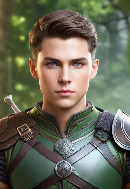 Prompt: he has short brown hair, create most handsome fit fictional male prince viking warrior, short brown hair, light green eyes, extremely detailed environment, detailed background, intricate, detailed skin, professionally color graded, photorealism, 16k, moody lighting