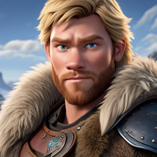 Prompt: <mymodel>Animated CGI style of a fierce Caucasian Viking with blonde hair, intense gaze, realistic fur and clothing textures, high quality, CGI, realistic, intense gaze, viking, male, Caucasian, detailed facial features, fur textures, highres, professional, intense lighting