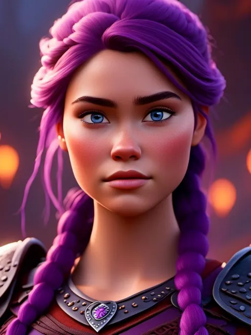 Prompt: <mymodel>CGI Animation, digital art, 20-year-old-old viking woman with light blue eyes, she looks sad and upset, standing in a battle arena at the ready, purple hair with purple strands, single braid down her shoulder with a tiara, unreal engine 8k octane, 3d lighting, close up camera shot on the face, full armor