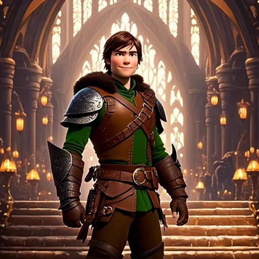 Prompt: <mymodel> viking man, lawyer, thin, small stature, standing in The Great Hall, medium length brown hair, brown eyes, no armor, European-like brown gear, brown leather vest, long sleeve green shirt underneath the brown leather vest, black highlights on his clothes, brown pants, brown boots, historical, strong and natural lighting