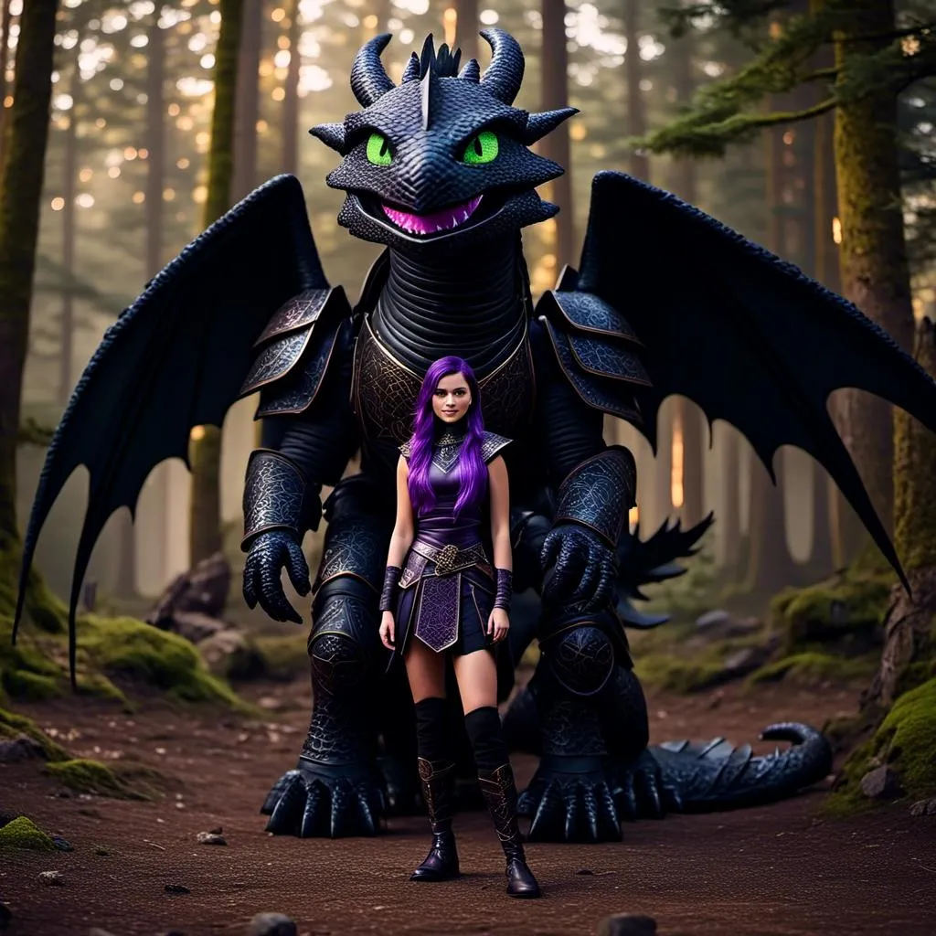 Prompt: Photo of <mymodel> standing next to her ((black)) razorwhip dragon from "How to Train Your Dragon"