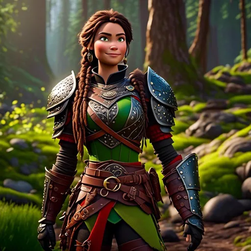 Prompt: <mymodel>CGI Animation, 20-year-old-old pirate woman, thick forest scene, {{brown gear, silver armor}}, brunette hair, dreadlocks, subtle smile, beads hair, small red earrings, multiple braids, green gear, straight hair, green eyes, bracelets, rings on fingers, mercenary gear, unreal engine 8k octane, 3d lighting, full body, full armor