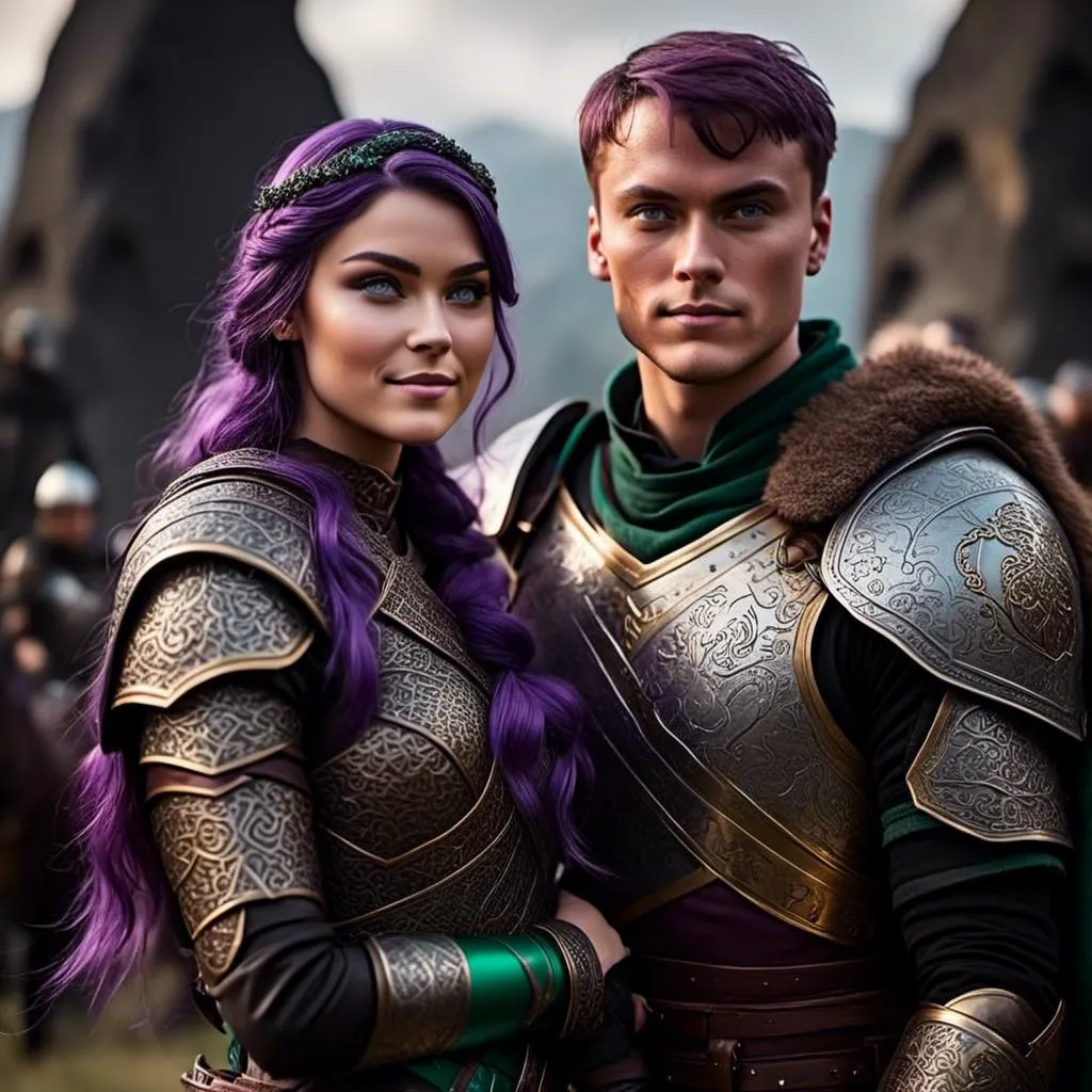 Prompt: Photo of <mymodel> standing next to her young husband Jarl Mollerson who has green gear and silver armor and ((short brown hair)), she is slightly shorter than him, Jarl Mollerson has a young looking face