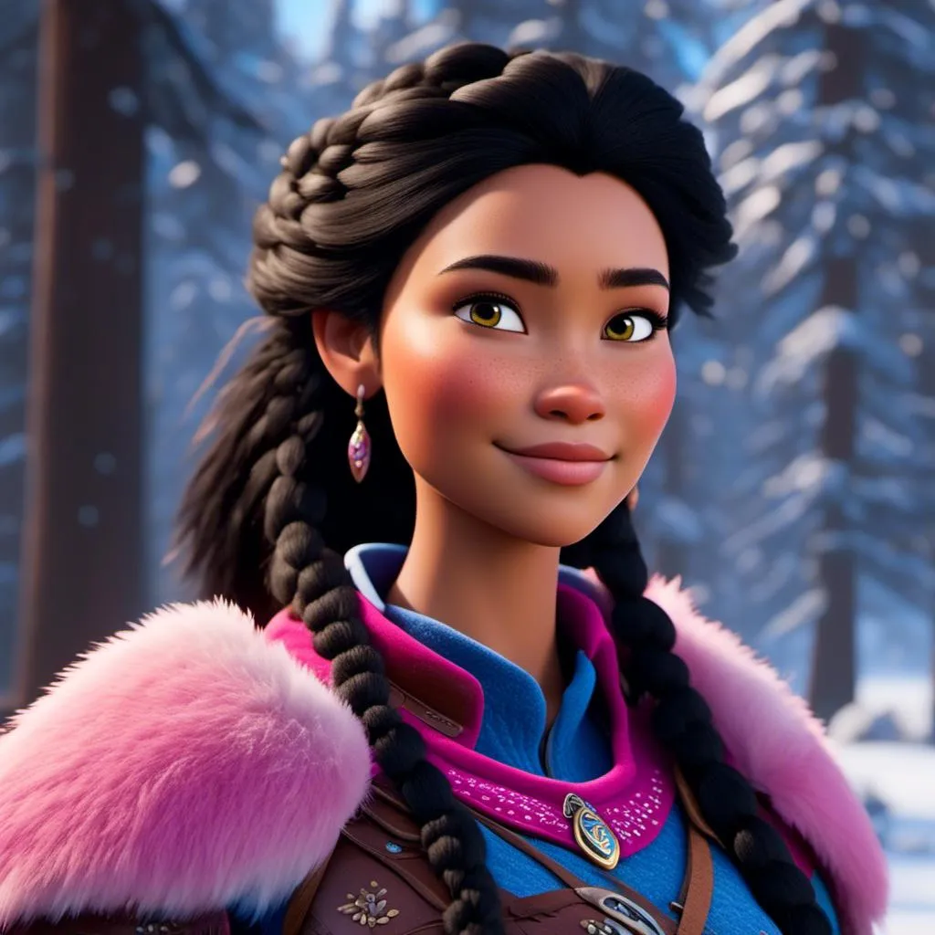 Prompt: <mymodel>CGI Animation, close-up portrait of the face, 20-year-old-old viking woman of royalty standing in the forest, a snowy scene, {{pink gear, blue armor}}, black hair, beads in hair pulled back for straight hair, subtle smile, unreal engine 8k octane, 3d lighting, close up camera shot on the face, full armor