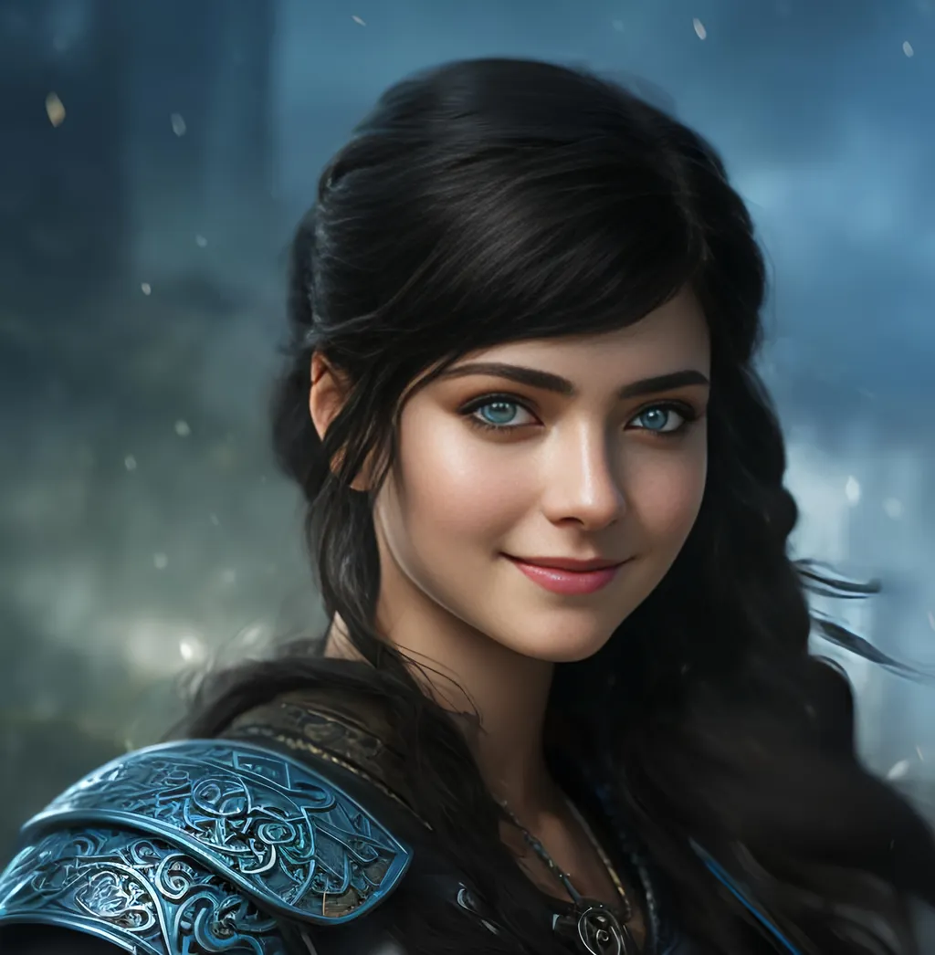 Prompt: she has black hair, create most beautiful fictional female viking warrior, hopeful smile, black hair, light blue eyes, extremely detailed environment, detailed background, intricate, detailed skin, professionally color graded, photorealism, 8k, moody lighting